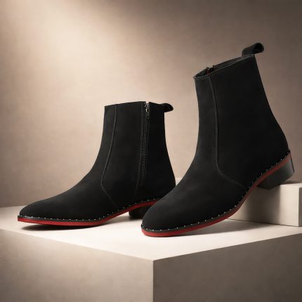 Mens Black Suede Chelsea Boots with Side Zipper & Red Sole
