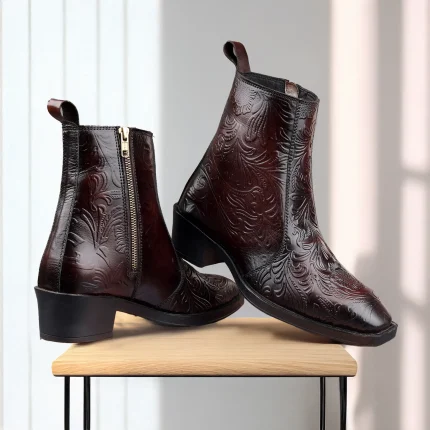 Elegant Embossed Brown Crust Leather Zipper Ankle Boots