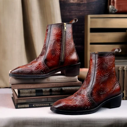 Mens Tan Crust Leather Flower Design Boots